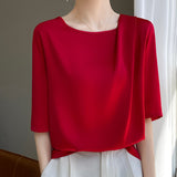 Silk Satin Paste Acetic Acid 2026 Spring And Summer New Women's Five-Sleeve Collar Loose T-Shirt Short-Sleeved Top