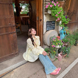 Sweetheart Bow Lace Long-Sleeved Shirt For Women's Summer 2025 New Retro Bubble Sleeves Loose Polo Collar Top