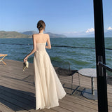 Gentle Wind Romantic Sleeveless V-Neck Hanging Neck Dress Design Twistle Folds To The Waist Dress Seaside Skirt