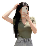 Pure Polo Shirt Women's Summer New Thin Short T-Shirt Design V Collar Repair Elastic Short Sleeve Top Ins