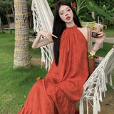 New Chinese Beautiful Red Sleeveless Neck Dress Female Summer Temperament High-End Seaside Beach Dress