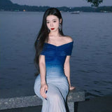 One-Word Shoulder Blue Gradient Tset-Mear Dress High-End Feel Waist-Buffed Fishtail Seaside Holiday Dress