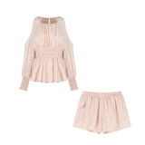 French Gentle Shoulder Long Sleeves To Close Waist Chiffon Shirt Women Summer Sweet Suit Casual Straight Shorts Two-Piece Set