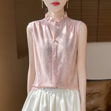 Silk Velvet 2026 Spring And Summer New Women's Wooden Ear Collar Buckle Sleeveless Knitted Bottom Shirt Short-Sleeved Vest