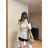 Pure White Square Collar Long-Sleeved T-Shirt Girl Spring Slimming Thin Shoulder T-Shirt Chic Sweet Spicy Inside Cloth