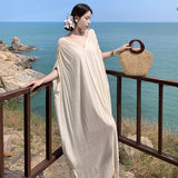 White Texture Folded V-Neck Dress Women Summer Languid Holiday Casual Loose Lantern Dress