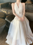 Gentle Wind Romantic Sleeveless V-Neck Hanging Neck Dress Design Twistle Folds To The Waist Dress Seaside Skirt