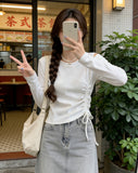Autumn Long-Sleeved T-Shirt Women Thin Bottom Shirt Drawstrings With Bottom Shirt Slim Slim Thin Short Top