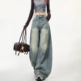 Vintage Worn Scissors Jeans Women's Trend With New Loose Broad-Legged Sleek Trousers High-Waisted Trousers
