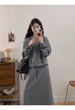 Large-Size Gray Fake Two-Piece Jacket Half-Dress Two Sets Of Women's Autumn And Winter Fat Mm Thin Meat Casual Skirt Set