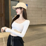 Sweet And Spicy Long-Sleeved T-Shirt Girl Spring Slim Slim Short High-Waist Thin Inside The Bottom Shirt Sexy White Top