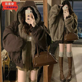 Mountain Carving Large-Size Retro Double-Sided Wear With Velvet Hooded Coat Women Winter Loose Warm Top