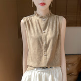 Silk Velvet 2026 Spring And Summer New Women's Wooden Ear Collar Buckle Sleeveless Knitted Bottom Shirt Short-Sleeved Vest