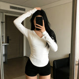 2026 Spring And Autumn New V-Necked Shirt Long-Sleeved T-Shirt Girl Slime Pure Wind Curved Under The Collarbone Top