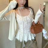 Sweet Style Long-Sleeved Shirt Coat Women's New Autumn With Wave Dot Lace Side Sling Two Sets Of Tops