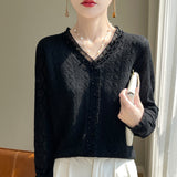 Wool Blending 2026 Autumn And Winter New Women's Clothing Lace Nails V Collar Short Solid Color Knitting Top Bottom