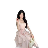 High-Level French Pure Square Temperament Romantic Irregular Level Sweet Princess Cake Dress Waist Dress
