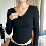 2026 Spring And Autumn New V-Necked Shirt Long-Sleeved T-Shirt Girl Slime Pure Wind Curved Under The Collarbone Top