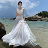 Pure Babes Inclined Shoulder-To-Shoulder Atmosphere Feel Holiday Super Fairy Big Swing Romantic Dress White Long Dress High-End Feel Skirt