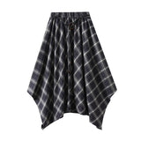 French Retro Check-In Irregular Half-Dress Women's Autumn Drawstring Tie High-Waisted Wrinkle Skirt 5017