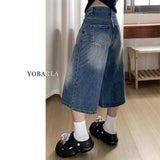 High Street Retro Broad-Legged Seven-Point Denim Mid-Swear Women Autumn High-Waisted Large-Size Thin Loose Straight Shorts
