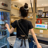 Design Sense Short-Sleeved T-Shirt Women's Summer 2025 New Korean Version Of Pure-Bout Hot Girl Bare Back Bow Short Top Tide