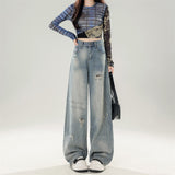 Nostalgic Retro Worn Broad-Legged Jeans Women's Trend New High-Waist Loose-Hanging Mop Trousers