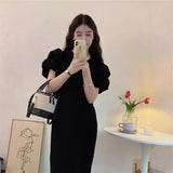 Large-Size Bubble Sleeves Niche Simple Solid Color Fat MM Thin Long Dress Loose Summer Sweet Round Collar Cover Dress