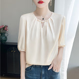 Silk Satin 2026 Spring And Summer Women's New Short Round Lead The National Wind Buckle Half-Sleeve Five-Sleeve Shirt