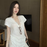 Pure-Want-Style Thin Loose White V-Neck Short-Sleeved T-Shirt For Women's Summer Lace In A Vest Top Folded Two Sets