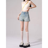 Wash Blue A Word Denim Shorts Women Summer New Pocket Splicing Design Feel Small Loose Hot Pants