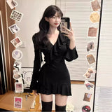 Pure-Want Hottie Sexy V-Neck Knitted Dress Women Autumn And Winter New Lotus Side Horn Sleeves Small Black Dress