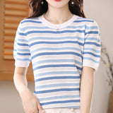 Ice Silk 2026 Spring And Summer Women's New Short Loose Round Collar Small Fresh Hollow Striped T-Shirt Knitted Shirt Short Sleeves
