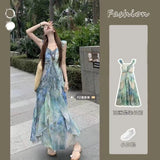 Summer New Super Fairy Faint Printing Sleeveless Dress Holiday Wind To Show Thin Leaves Side Long Skirt
