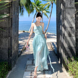 Mint Green Holiday Atmosphere With A Sense Of Neck Fairy Beauty Back Bow Fairy Dress Suitable For Seaside Photo Skirt