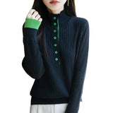 Wool Blending 2026 Autumn And Winter New Lady Loose Semi-High-Collar French Style Hit-And-Fleet Two-Piece Bottom Knitting Shirt
