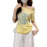 Korean Letter-Print Collared Short-Sleeved T-Shirt 2025 Summer New Loose Design Top Lady Chic