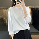 Silk Satin 2026 Spring And Summer Women's New Round Collar Loose Temperament T-Shirt Seven-Sleeve Solid Color Simple Match Cloth