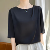 Silk Satin Paste Acetic Acid 2026 Spring And Summer New Women's Five-Sleeve Collar Loose T-Shirt Short-Sleeved Top