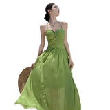 French Green Ribbon Sling Dress Woman Supine Yunnan Dali Thailand Seaside Beach Dress