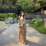 New Chinese Green V-Neck Print Sling Dress Woman's Waist Thin Shawl Sling Dress Two Sets