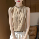 Silk Velvet 2026 Spring And Summer New Women's Wooden Ear Collar Buckle Sleeveless Knitted Bottom Shirt Short-Sleeved Vest