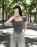 Short-Sleeved Women's Summer 2026 New Thin Slim Short Square Collar Blouse Hot Girl T-Shirt