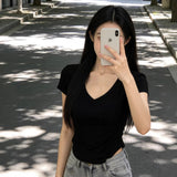 Hottie Pure Lust Wind V-Neck Machine Short-Sleeved Top T-Shirt Girl Short Straight Shoulder Repair Summer Girl Top