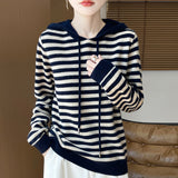 100% Pure Wool 2026 Autumn And Winter New Women's Loose Hooded Hooded Striped Knitted Sweater