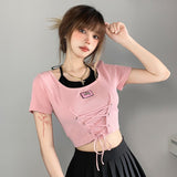 Summer Sweets Babes Short-Sleeved T-Shirt Girl 2025 New Belt Tie Design Short Blouse Sexy Thin
