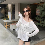 Lazy Letter Print Long-Sleeved T-Shirts For Girls Summer Relaxed Leisure Thin Thin Sunscreen Shirt