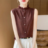 Silk Velvet 2026 Spring And Summer New Women's Wooden Ear Collar Buckle Sleeveless Knitted Bottom Shirt Short-Sleeved Vest