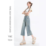 Seven-Point Jeans Women's Summer Thin 2025 New High-Waisted Loose Small Man Hair-Ripped 7-Point Pants