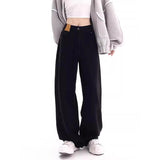 Large-Size Fatmm Black Broad-Legged Jeans Women's Autumn And Winter Plus Velvet Pants Loose Thin Pear-Shaped Body Straight Trousers
